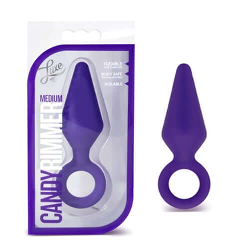 Candy Rimmer Plug Medium Purple packaging with plug, flexible and body-safe silicone for beginners.