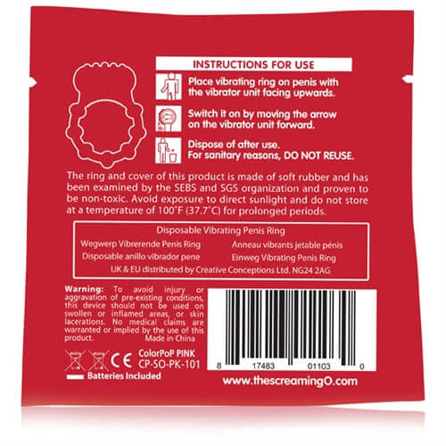 Colorpop Quickie Vibrating Ring Pink packaging instructions for use and safety information.
