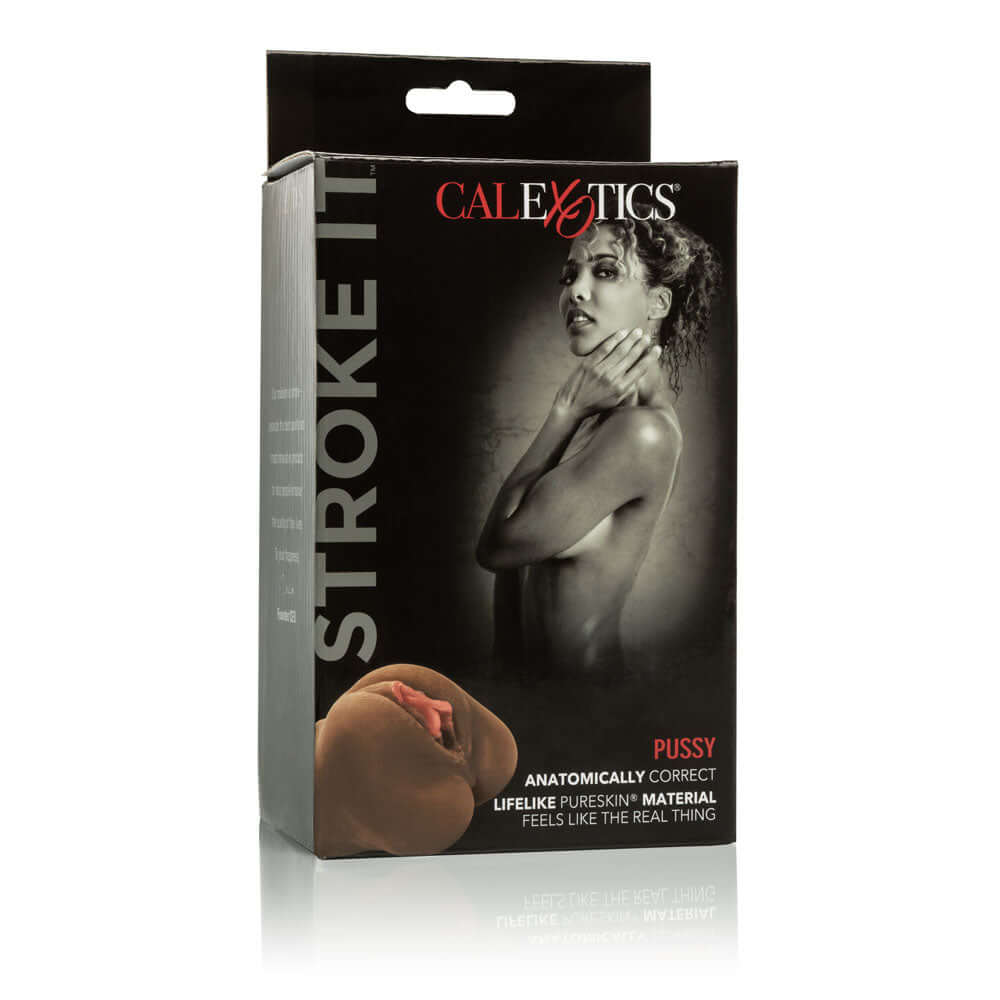 Stroke It Pussy Masturbator Brown packaging with model showcasing the anatomically correct design for intense pleasure.