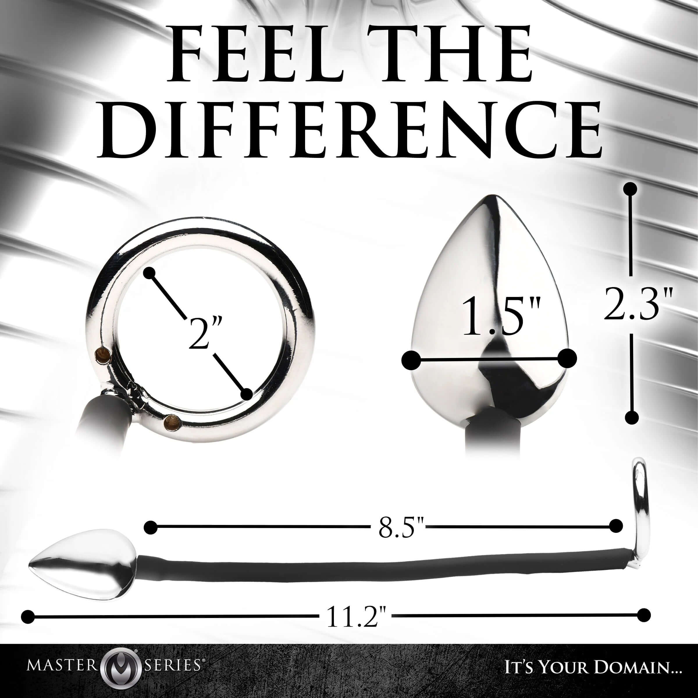 Dimensions of Tug Plus Plug Cock and Ball Ring with Anal Plug, featuring measurements of ring, plug tip, cord, and overall length in inches.