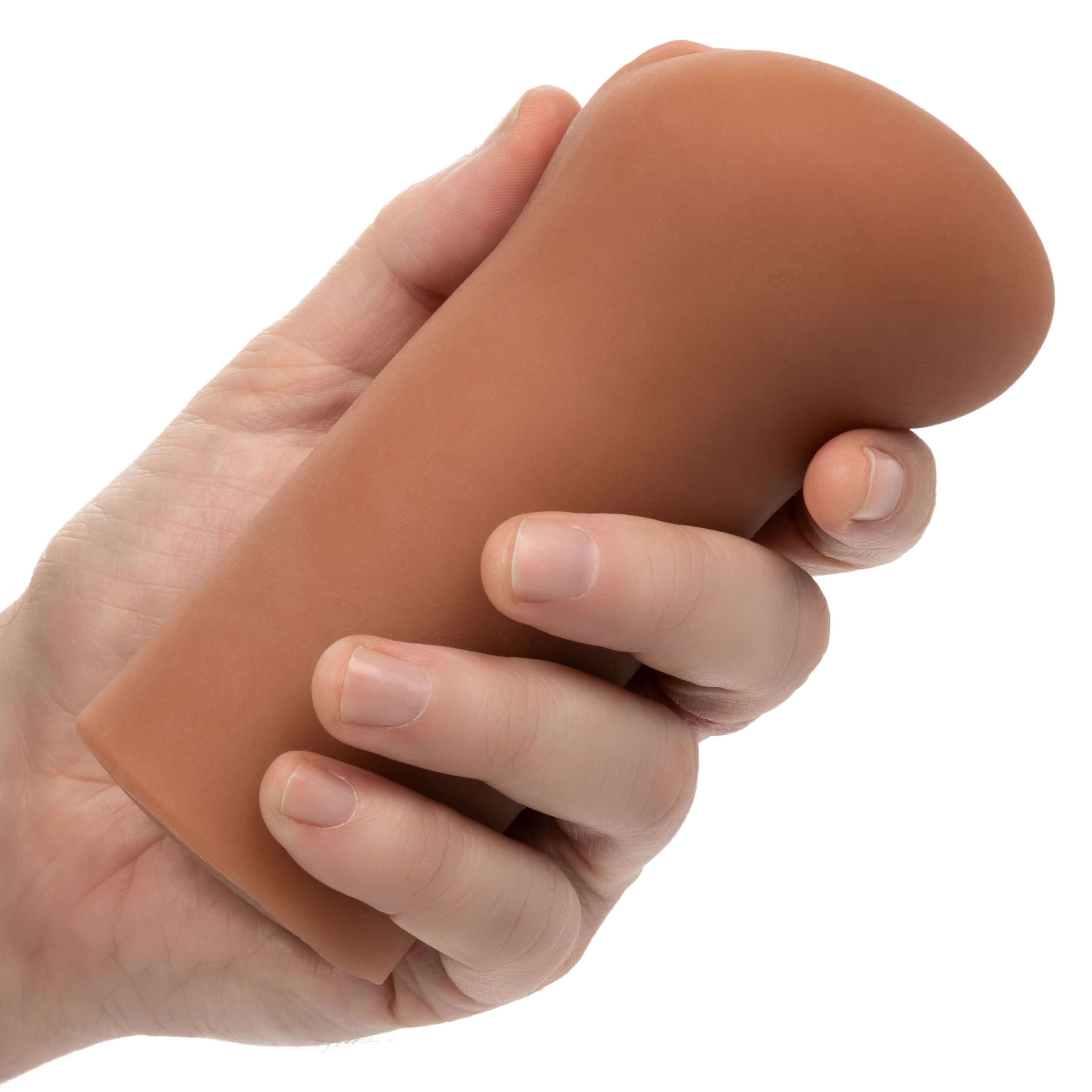 Hand holding the Cheap Thrills the Teacher Stroker, a compact and textured masturbation sleeve.