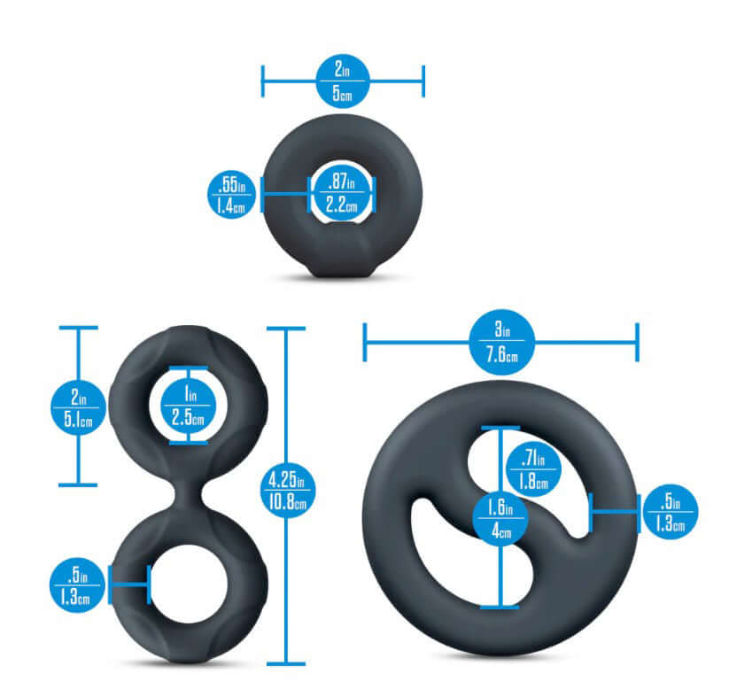 Performance Plus Throttle Silicone Cock Ring Set dimensions showcasing three different ring sizes for custom fit.