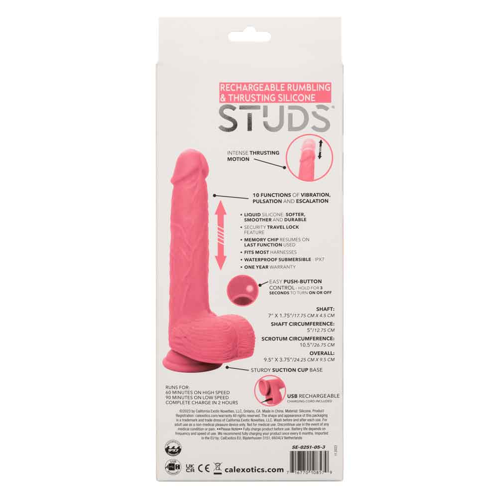 Rechargeable Rumbling and Thrusting Silicone Studs packaging in pink, features 10 functions, 7" length, USB rechargeable, silicone material.