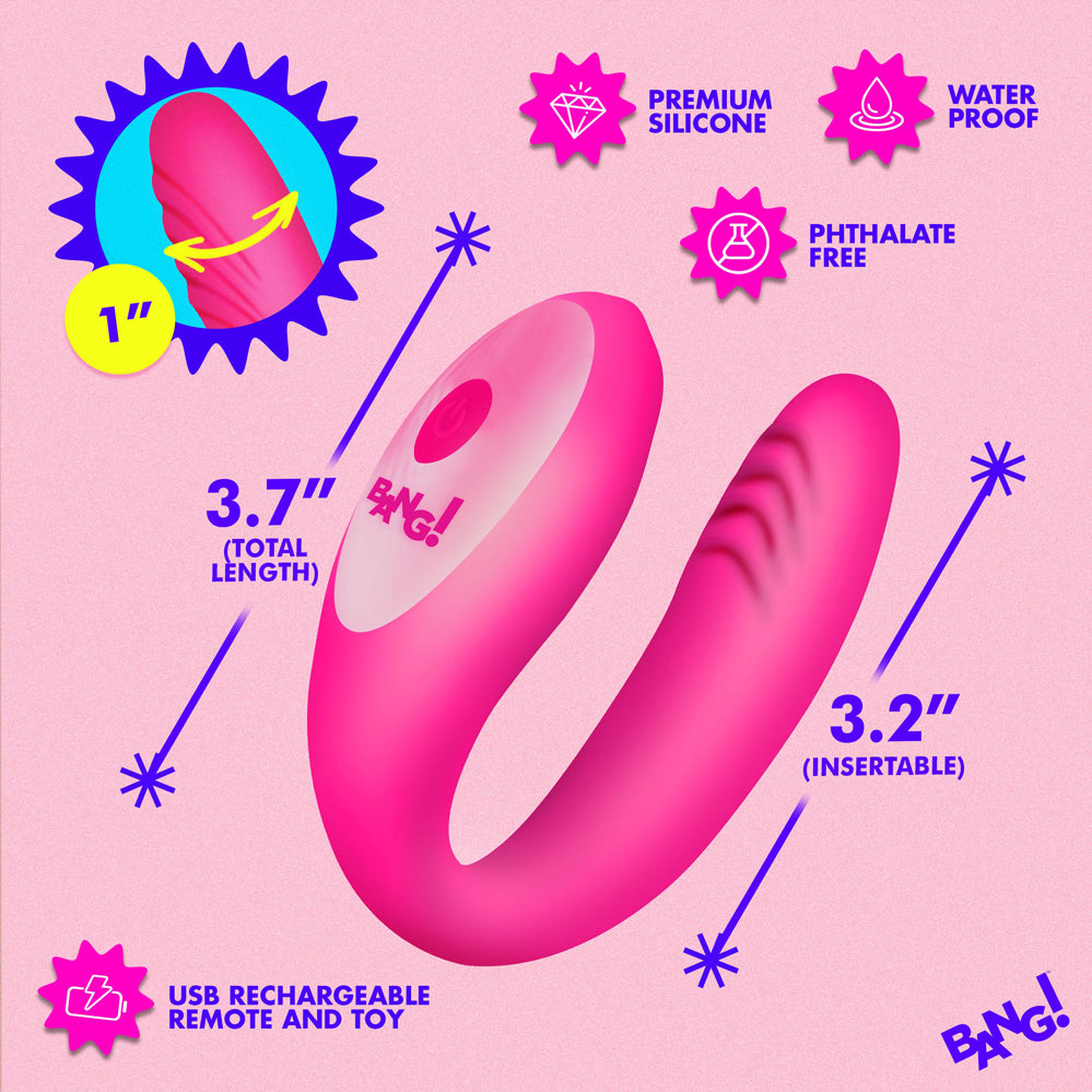 Bang Gyrating G-Spot Vibrator Pink with measurements, premium silicone, waterproof, and USB rechargeable.