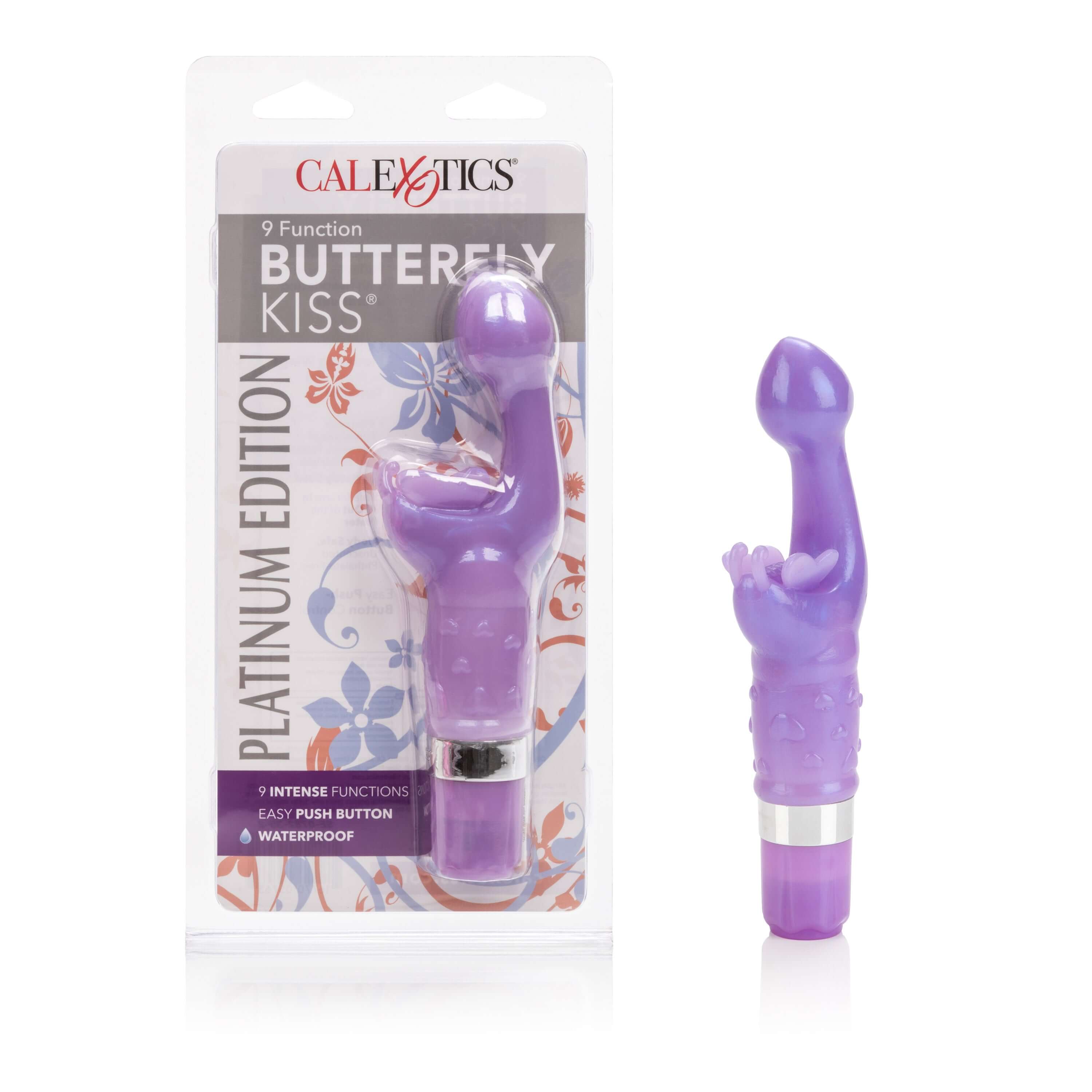 Butterfly Kiss Vibrator Platinum Edition Purple packaging with product displayed, showcasing its vibrant design and features.