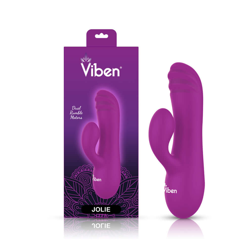 Viben Jolie Mini Rabbit Vibe in purple with dual rumble motors, showcasing soft silicone design and pleasure ridges.