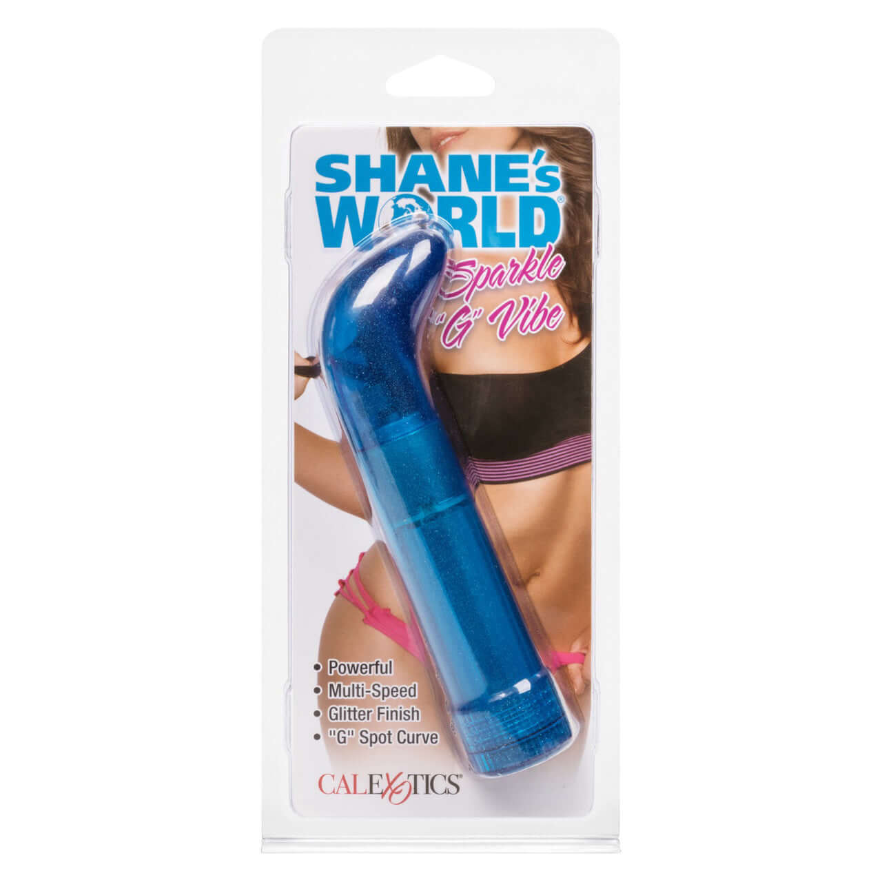 Shanes World Sparkle G Vibe Blue personal massager in packaging, showcasing its curved design and glitter finish.