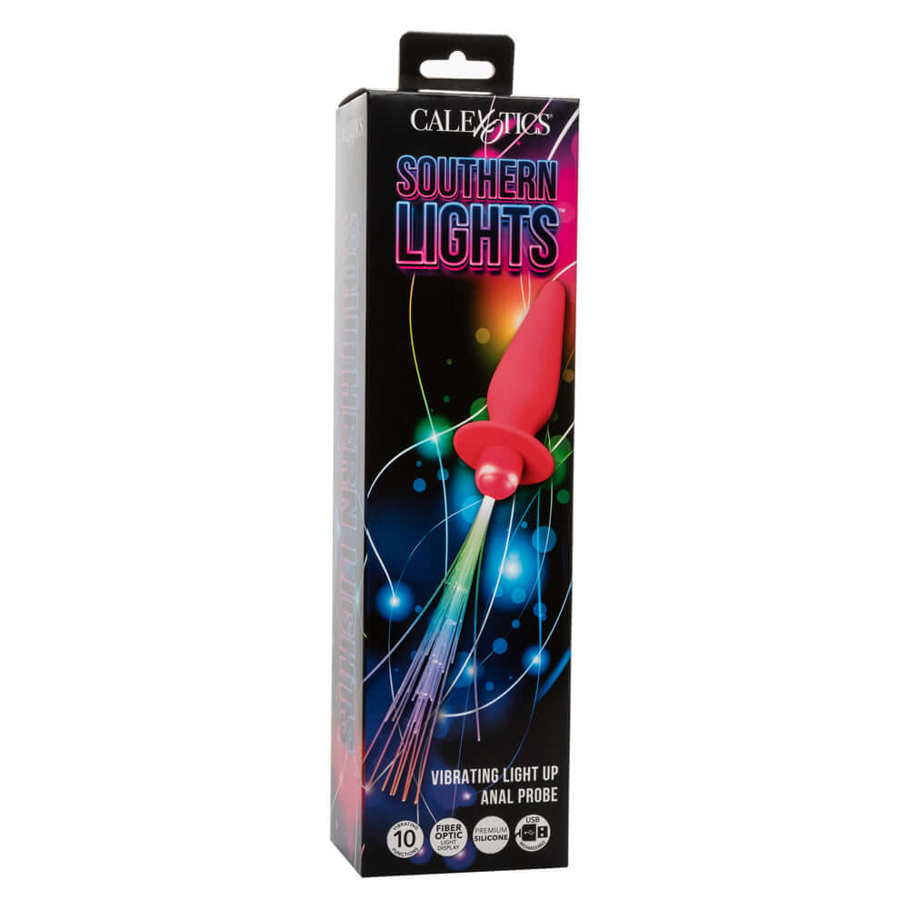 Packaging for Southern Lights Vibrating Light Up Anal Probe in pink, featuring a light display and product description.
