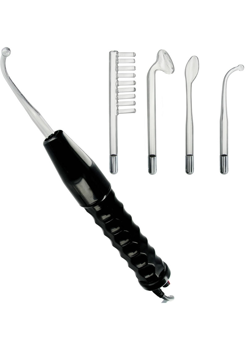Zeus Electrosex Twilight Wand 110V Black with glass electrodes and attachments for electrostimulation.