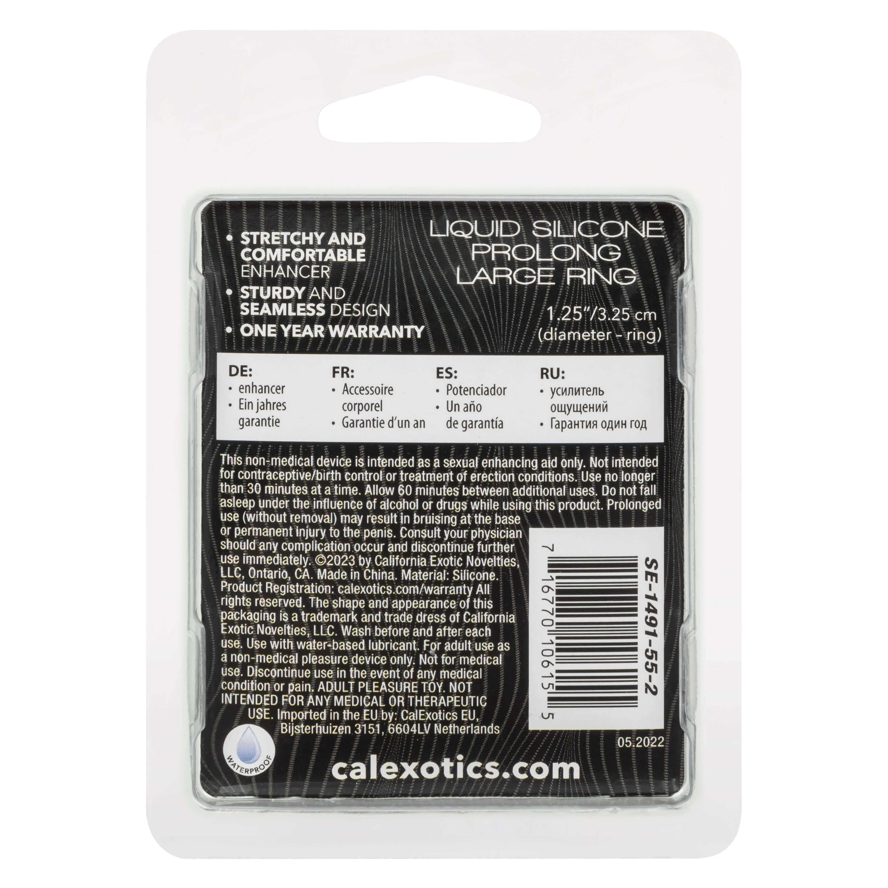 Alpha Liquid Silicone Prolong Large Ring Orange packaging back with product details and warranty information.