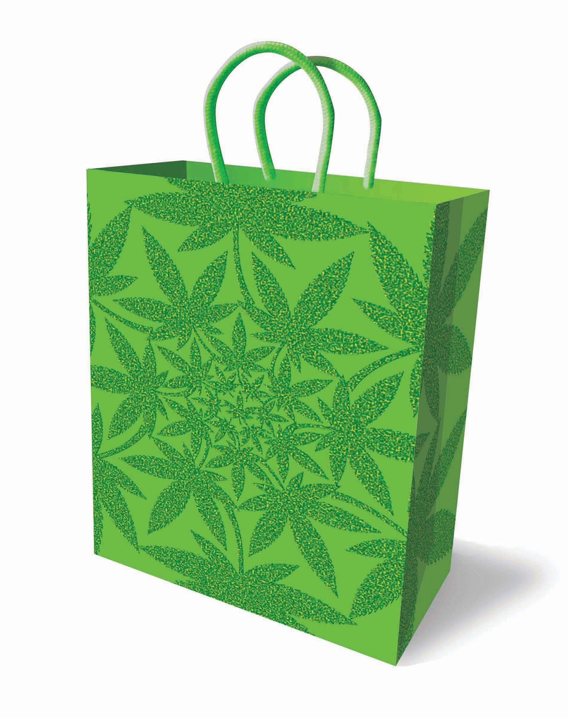 Glitter Ganja Gift Bag Green featuring a bold green design with glitter-stamped ganja leaves for stylish gift presentation.
