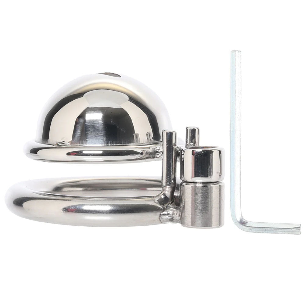 Lockmaster Stainless Steel Inverted Micro Chastity Cage and key included for secure and discreet use.