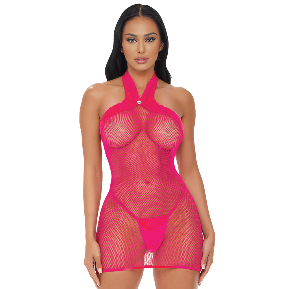 Electric Lingerie Electric Pink Halter Dress OS on a model showcasing a body-hugging silhouette and vibrant color.