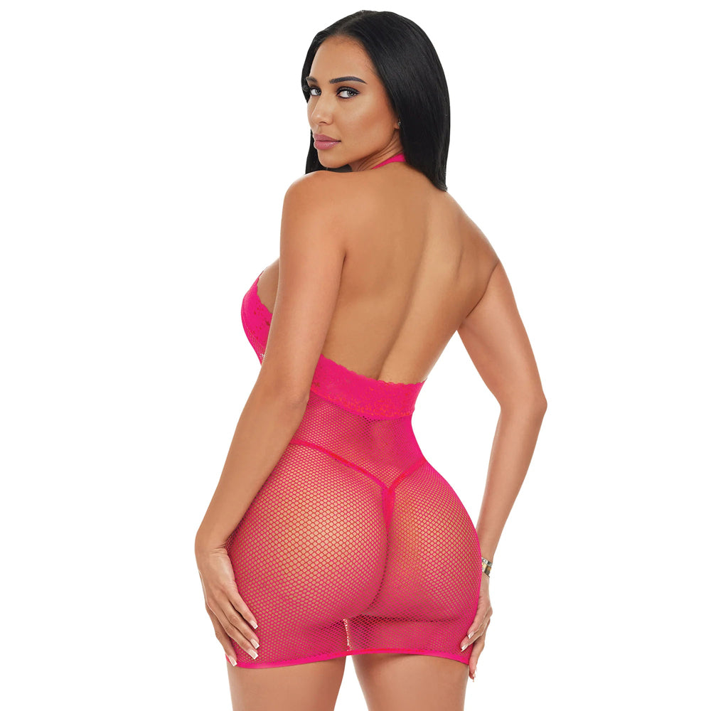 Model wearing Electric Lingerie Electric Pink Halter Dress OS from the back, showcasing its vibrant color and fitted design.