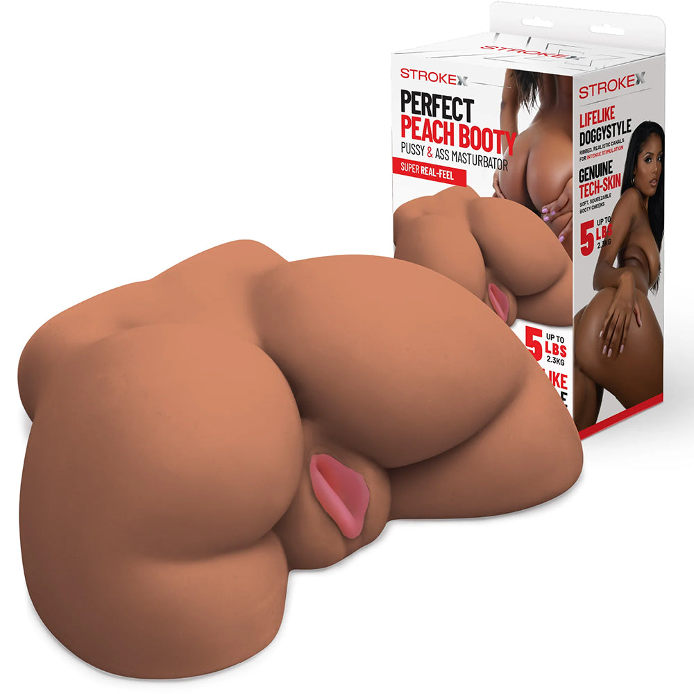 Stroke-x Perfect Peach Booty Masturbator Brown, a lifelike sex toy with dual openings for enhanced solo play.
