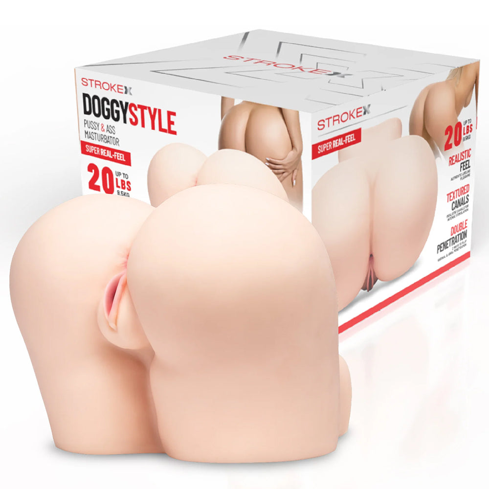 Stroke-x Doggystyle Pussy & Ass Masturbator Cream with realistic textures and dual openings for pleasure.