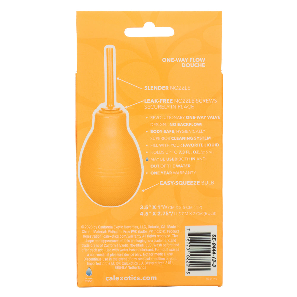 Cheeky One-Way Flow Douche Orange packaging showcasing features like slender nozzle and leak-free design.