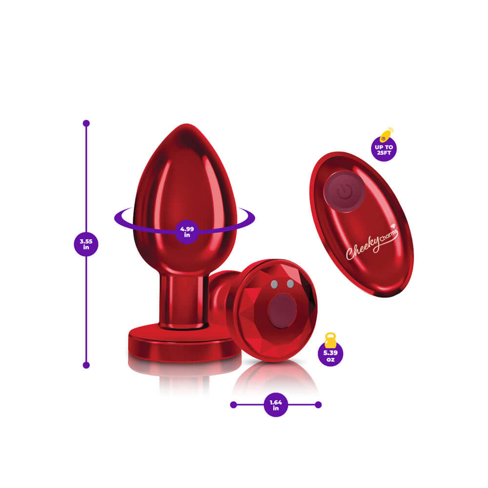 Cheeky Charms rechargeable vibrating metal butt plug with remote control in red, featuring tapered design for comfort.