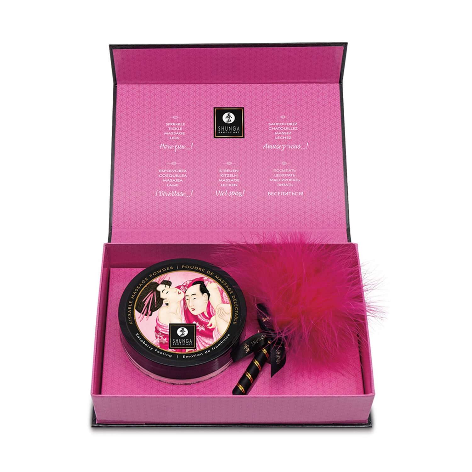 Shunga Kissable Body Powder Raspberry Filling set with feather applicator in an open pink box for sensual massage and body care.