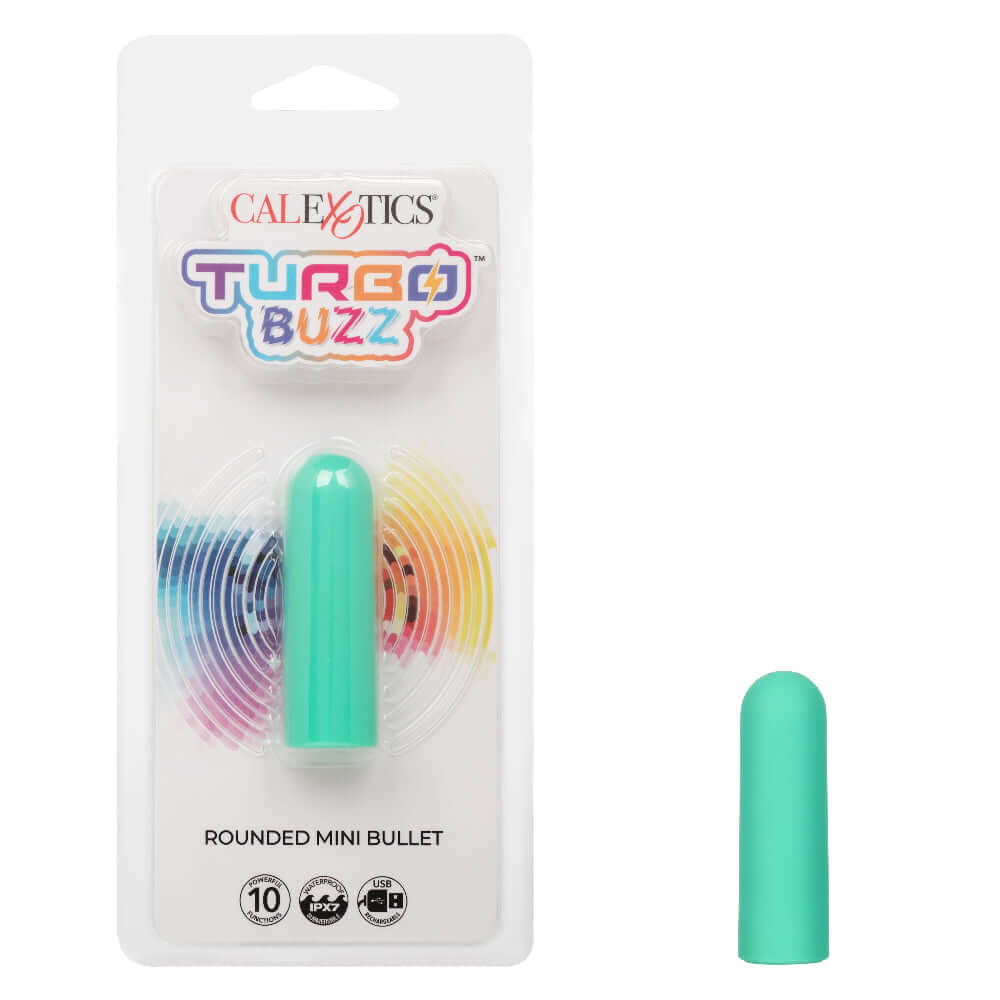 Turbo Buzz Rounded Mini Bullet Green packaging and product showcasing 10 vibration functions
