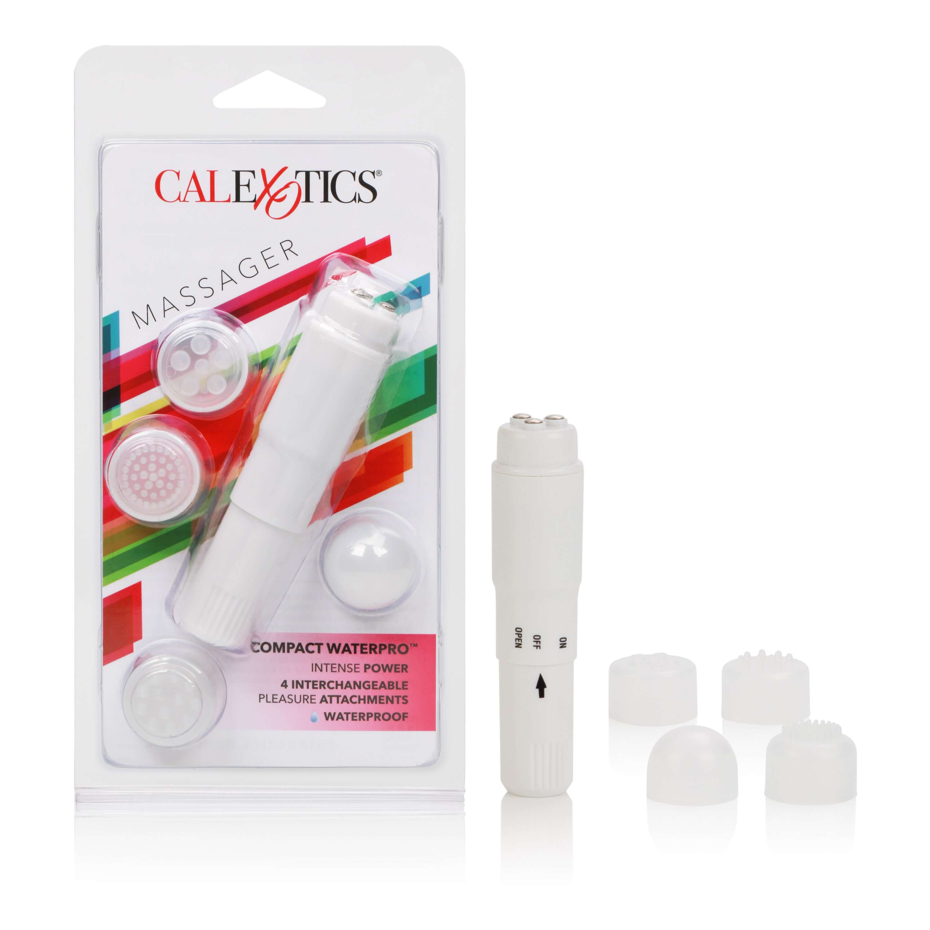 Compact Waterproof Personal Massager With 4 Tips White in packaging with interchangeable tips, ideal for travel and versatile pleasure.