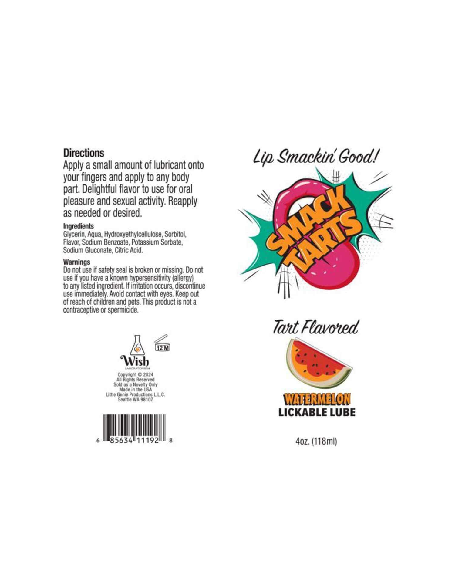 Smack Tarts Lickable Lubricant Watermelon 4 Oz product label with instructions and flavor details.
