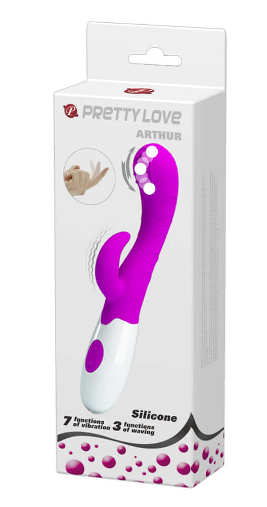Pretty Love Rabbit Vibrator Arthur in packaging, showcasing silicone design and features for layered stimulation.
