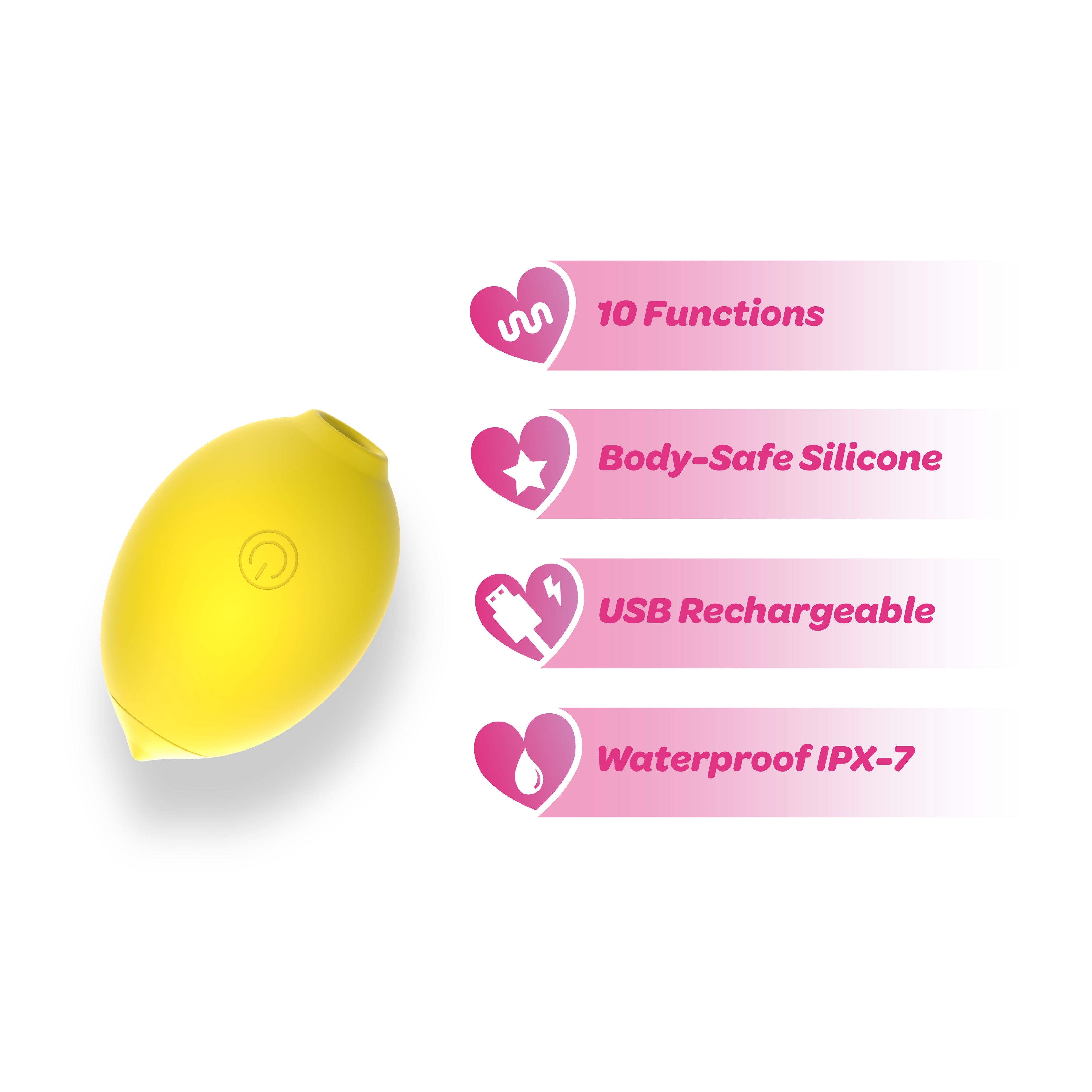 Dreamii Lemon Bliss Air Suction Massager features 10 functions, body-safe silicone, USB rechargeable, and waterproof IPX-7.