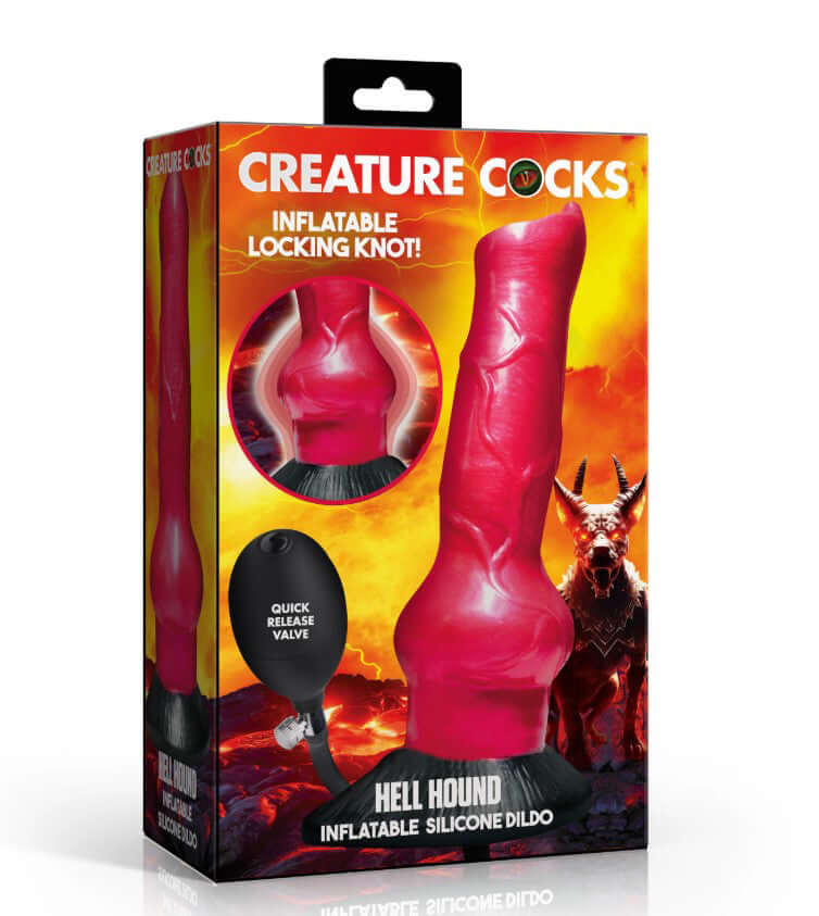 Creature Cocks Hell Hound Inflatable Silicone Dildo Red packaging with bold design and features.