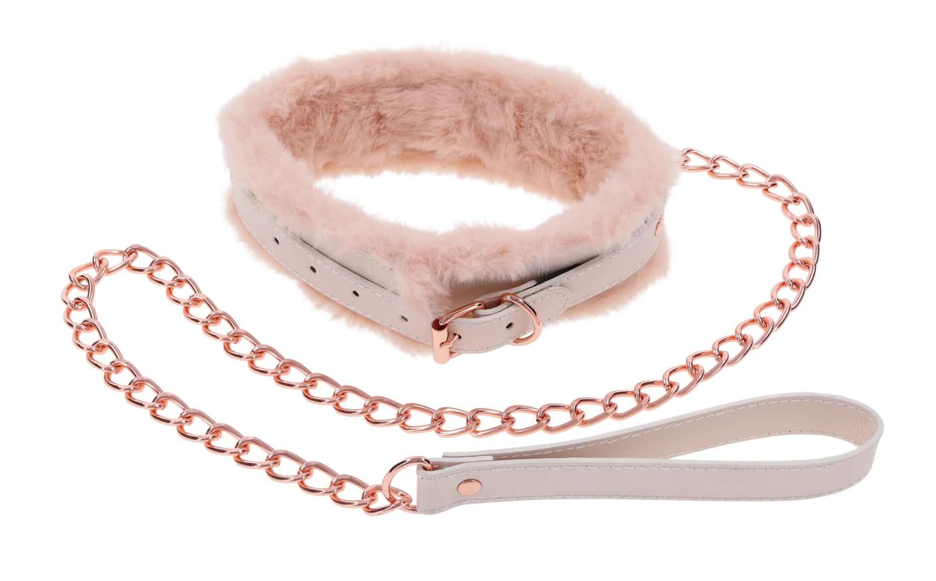 Peaches 'N Creame pink faux fur collar and rose gold chain leash set with luxurious peach-colored lining and sophisticated hardware