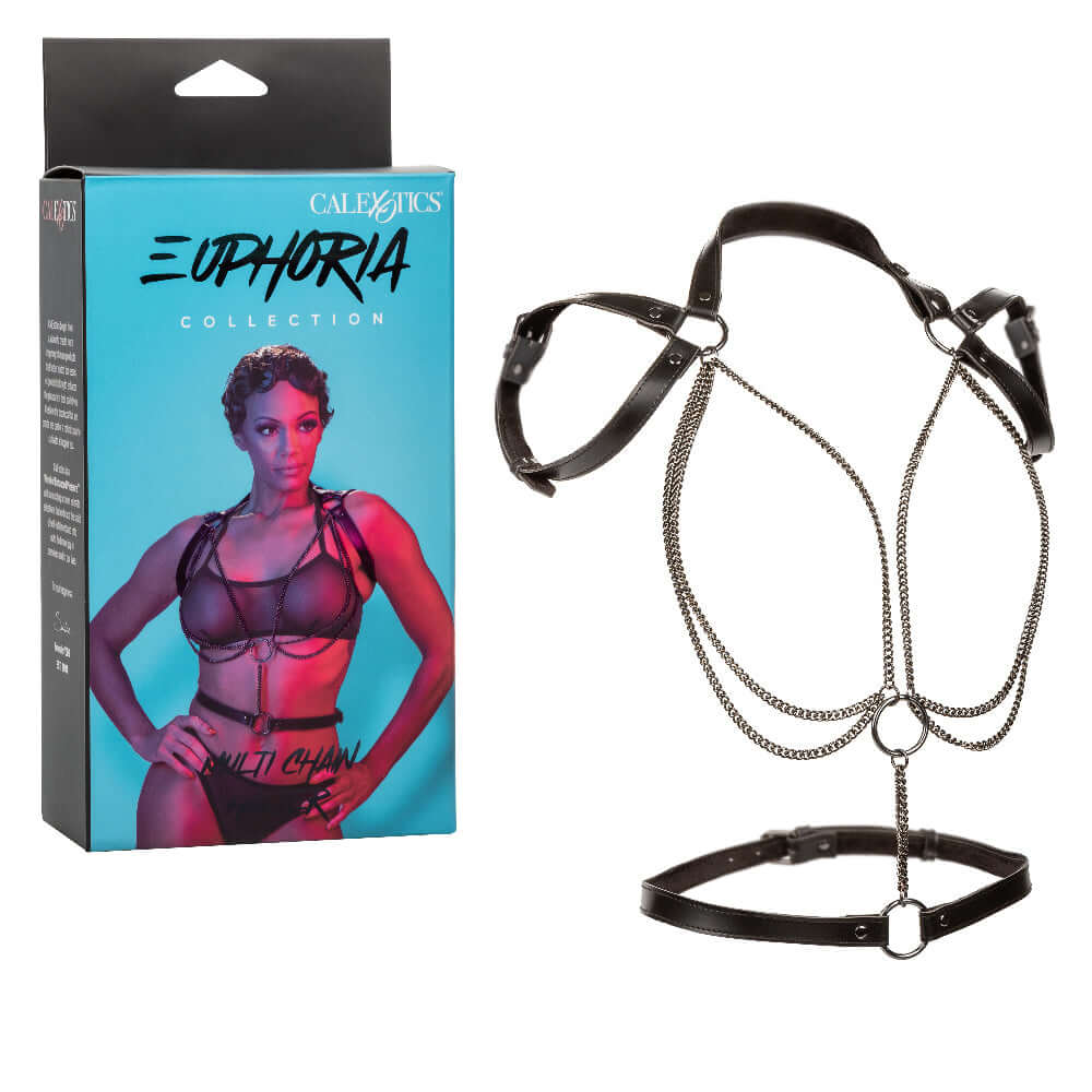 Euphoria Collection Multi Chain Halter in Black showcasing daring style and secure buckle design in front of product packaging