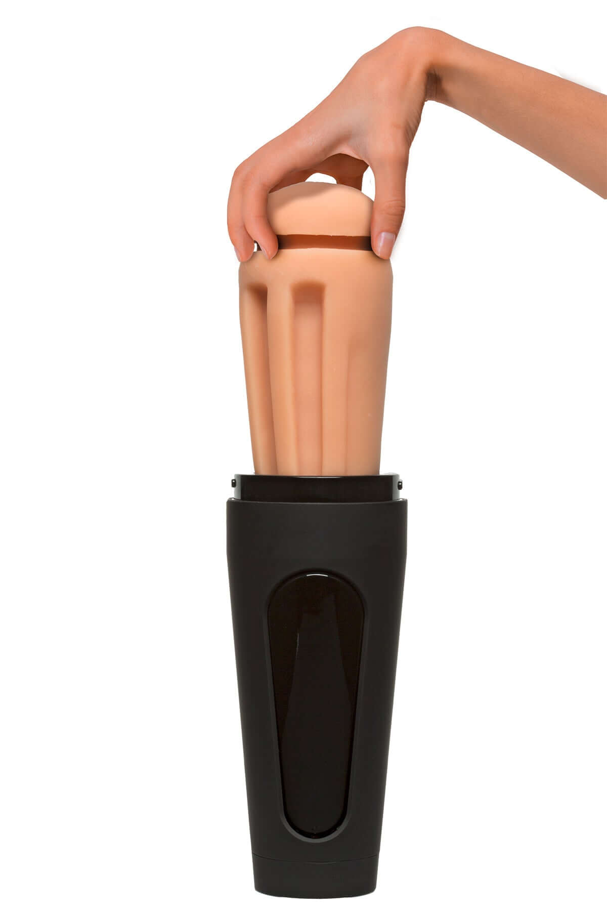 Main Squeeze Kylie Rocket Ultraskyn stroker being placed into a black outer case with a hand holding it.