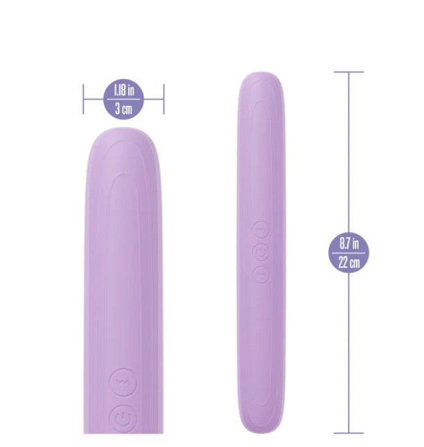 Play With Me Silicone Double Ended Vibrator Purple size and design specifications displayed.
