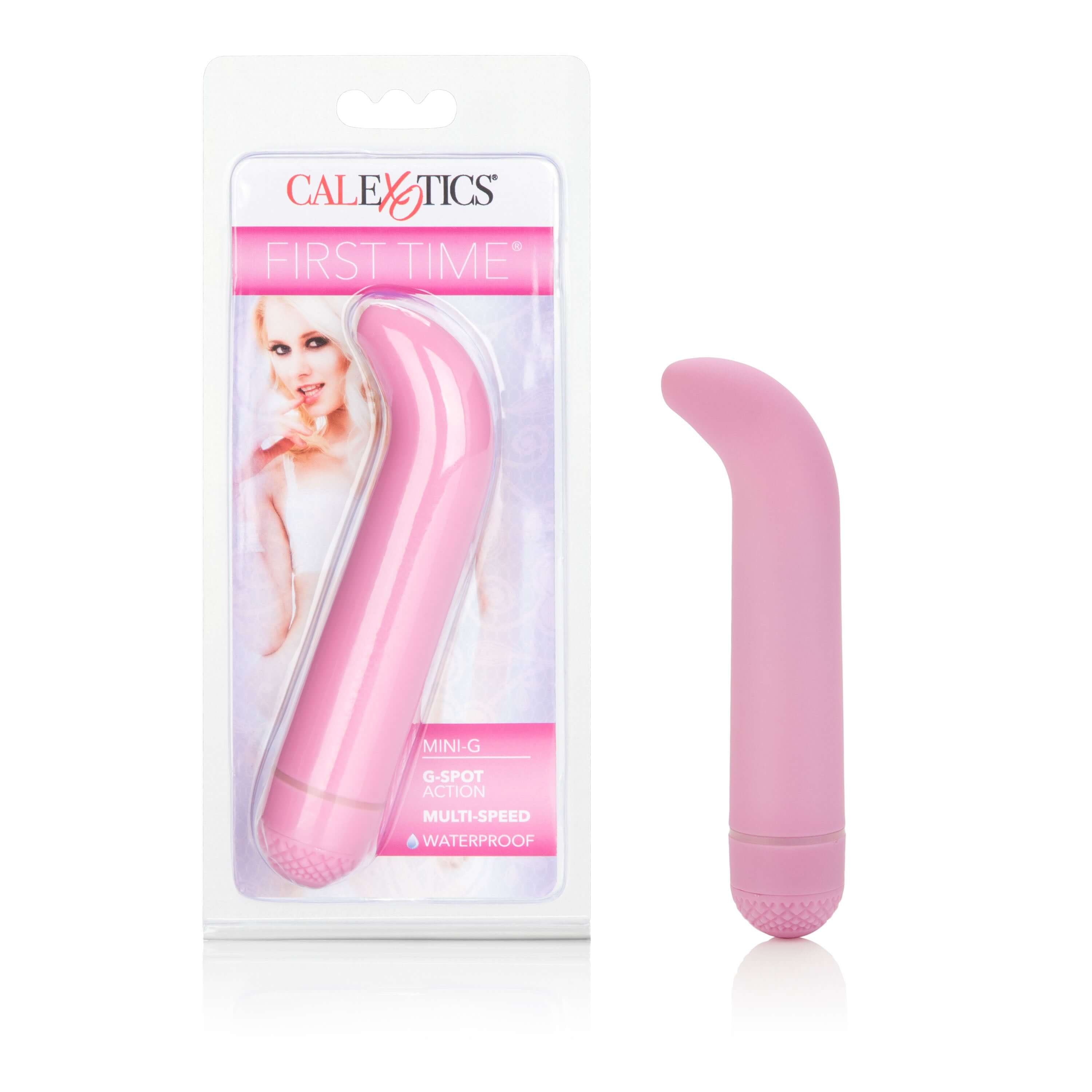 First Time Mini G-Vibe Massager Pink packaging and product displayed with a smooth, elegant design.