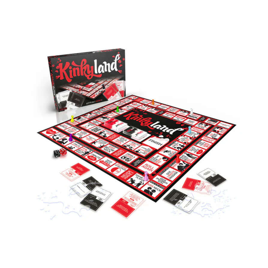 Kinky Land Board Adult Game displayed with game board and pieces, perfect for exploring desire and connection.