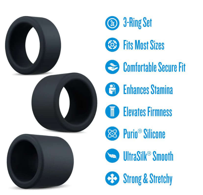 Performance Plus Accelerate Cock Ring Set Black, 3-ring set, fits most sizes, enhances stamina, made of Purio silicone.