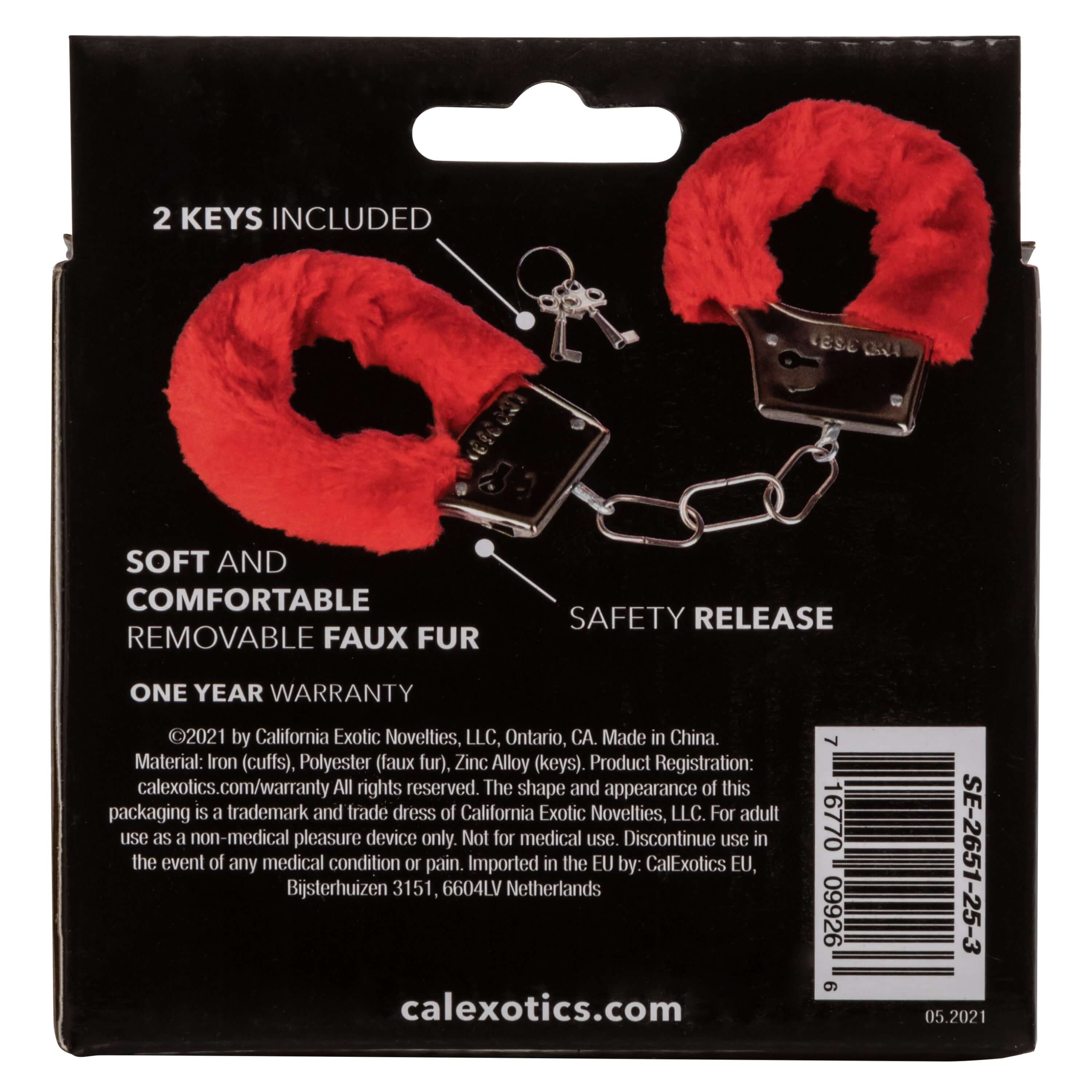 Playful Furry Cuffs Red with soft removable faux fur and safety release feature, includes 2 keys for secure bondage play.