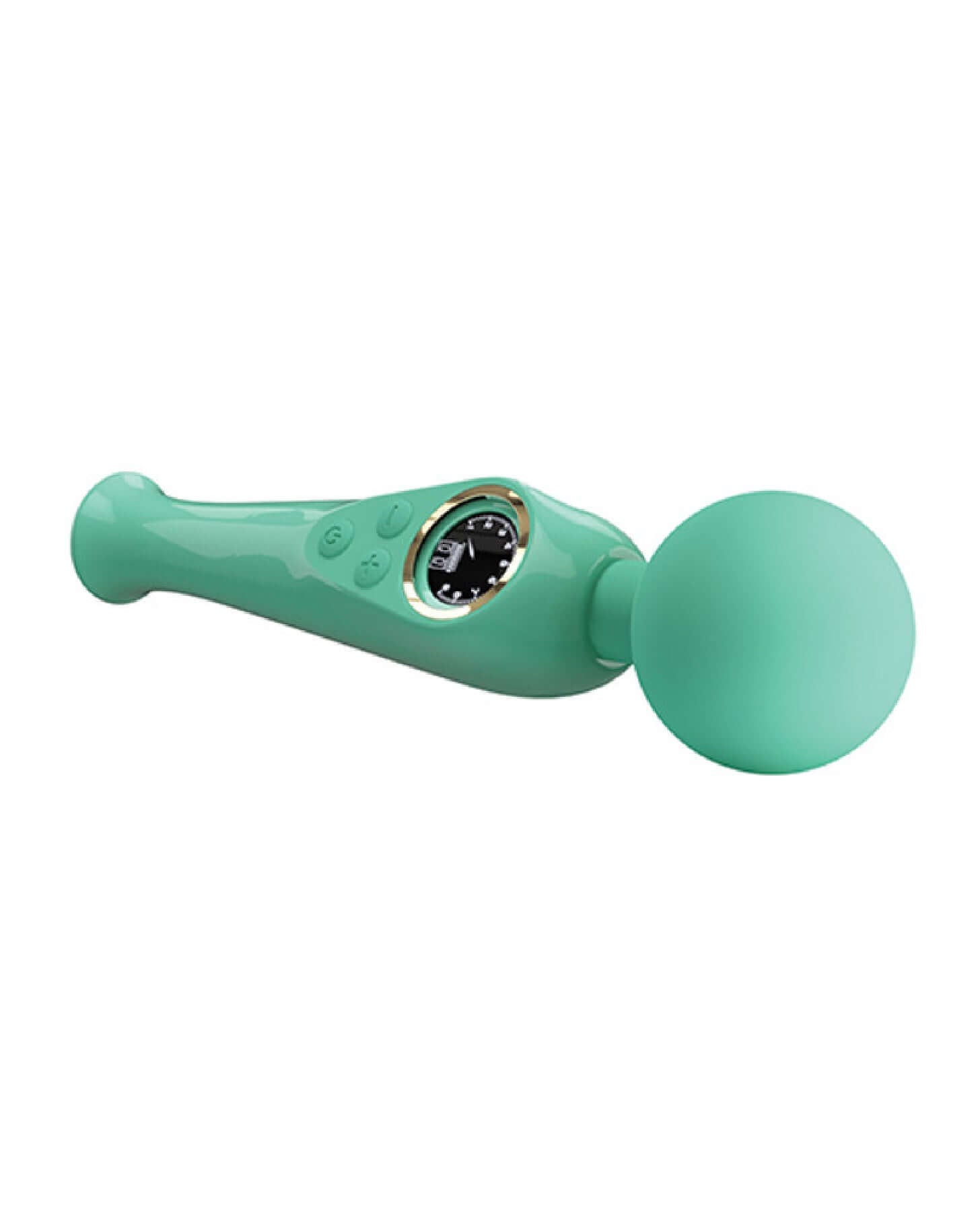 Turquoise Skylar vibrating wand with LED display and powerful motor, 10 vibration modes, 9 speed levels, flexible neck, and compact design.