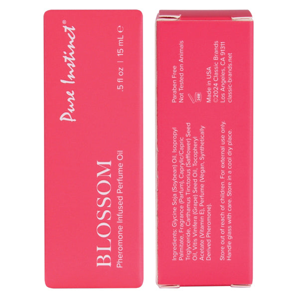 Pure Instinct Pheromone Perfume Oil Dropper Blossom 15 ml packaging with floral design and product details.