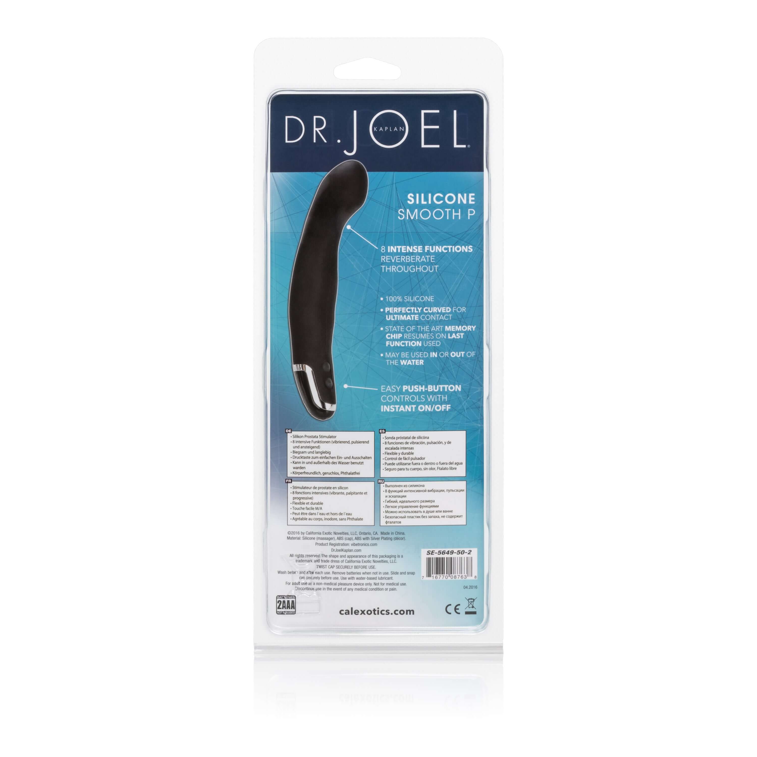 Dr Joel Silicone Smooth Prostate Massager in packaging showcasing features and specifications.