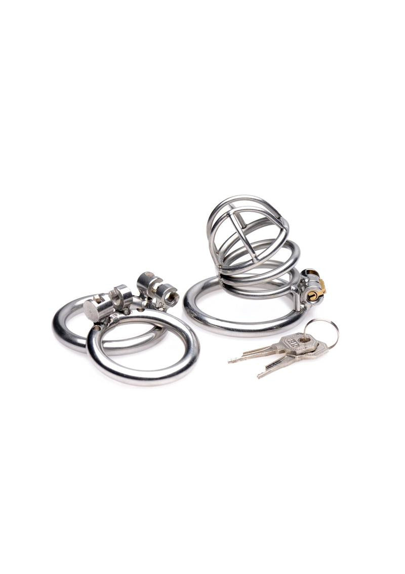 Master Series The Pen Deluxe Locking Chastity Cage metal device with rings and keys for secure confinement.