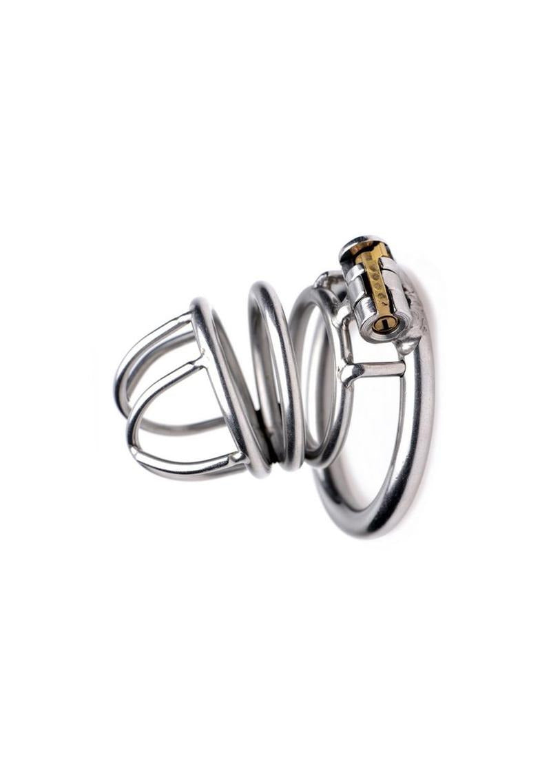 Master Series The Pen Deluxe Locking Chastity Cage side view showcasing the sleek stainless steel design.
