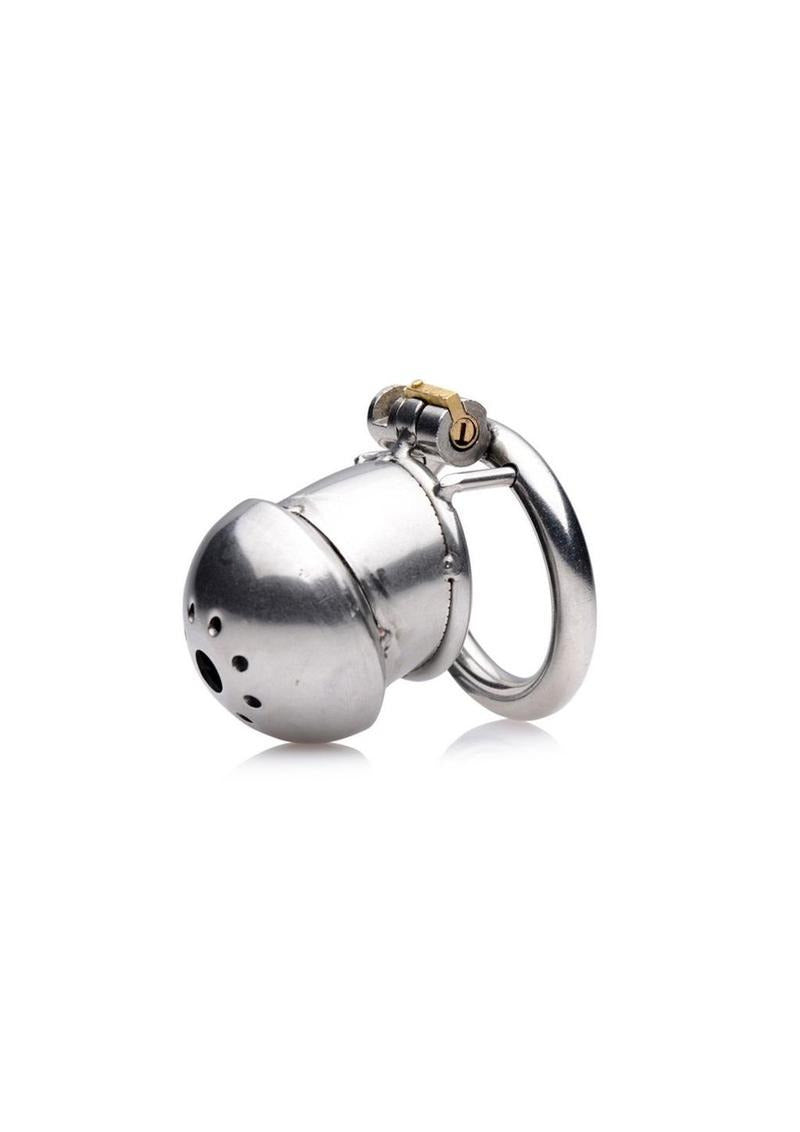 Master Series Exile Deluxe Locking Confinement Cage made of polished stainless steel with internal locking mechanism.