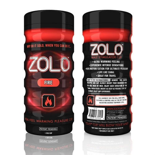 ZOLO Fire Cup Stroker packaging with warming sensation description and ergonomic design details.