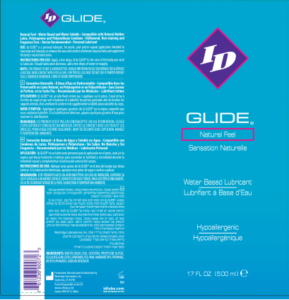 ID Glide Water-based Lubricant 17 Oz product packaging featuring Natural Feel and hypoallergenic formula.