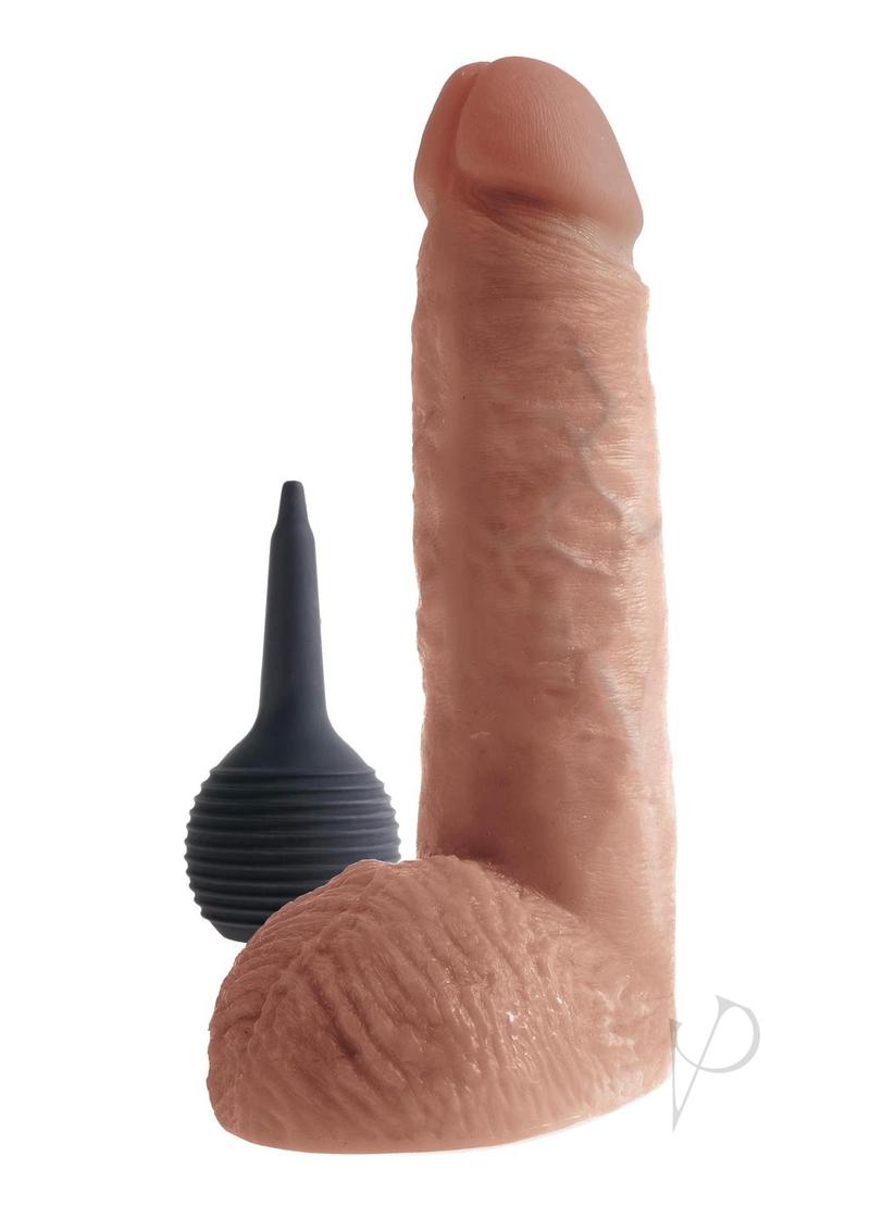 King Cock 8 Inch Squirting Dildo with Balls Caramel with squirting bulb for lifelike experience.
