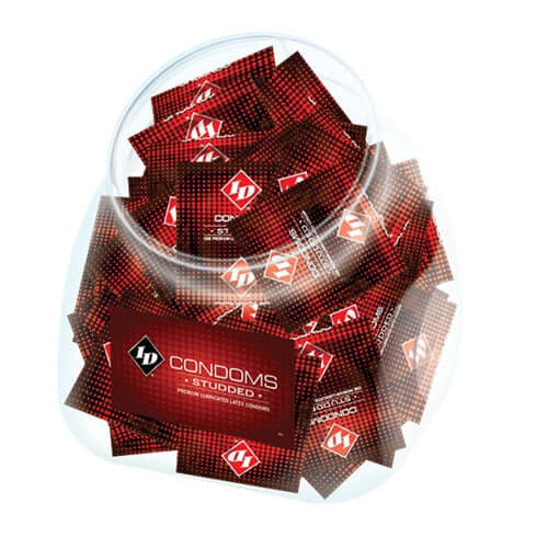 ID Condoms Studded 144 Piece Jar with individual condom packets, designed for enhanced stimulation and protection.