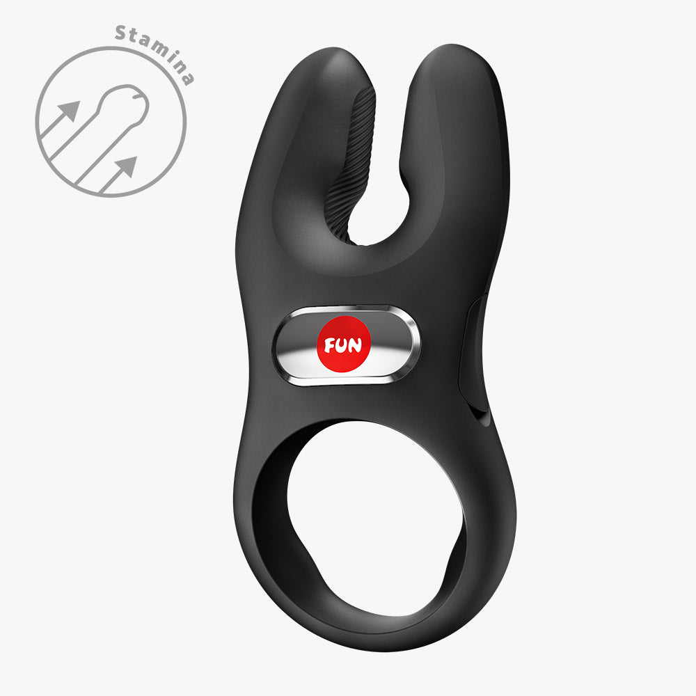 Fun Factory Nos Classic Vibrating Cock Ring Black showcasing ergonomic design for enhanced pleasure and stamina.