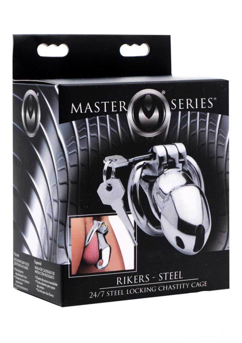 Master Series Rikers 24-7 Stainless Steel Locking Chastity Cage packaging with key and image.
