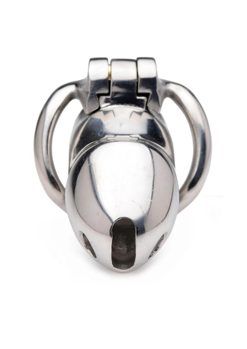 Master Series Rikers 24-7 Stainless Steel Locking Chastity Cage, featuring a polished stainless steel design.